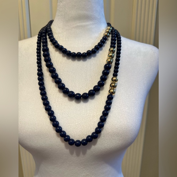 Ann Taylor Jewelry - NWT Elegant 3-Strand Ann Taylor Navy Blue and Gold Beaded Necklace